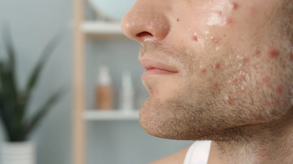 A close-up view of acne breakout highlighting the need for effective acne treatments for men.