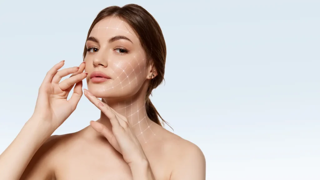 Woman touching face with visible grid pattern overlay on skin