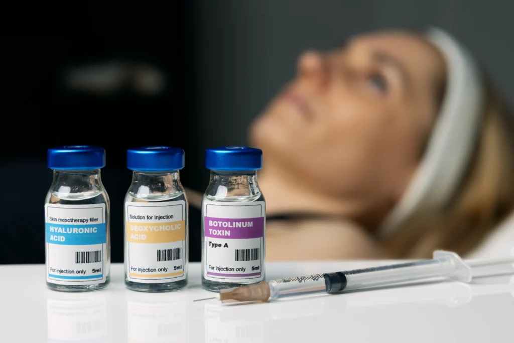 Injectable treatment vials and syringe displayed beside reclining woman