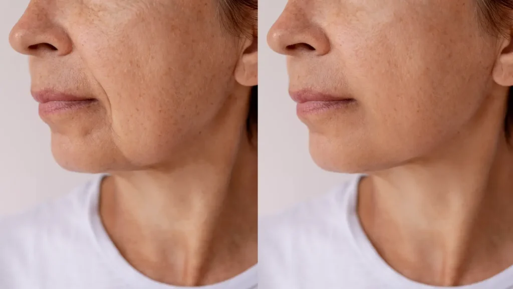 Left and right close-ups of a woman's cheek, mouth, jawline, and neck showing visible differences in facial contours.