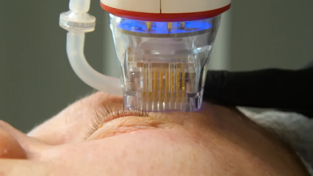 Close-up of a handheld skin treatment device positioned above the area near a person's eye.